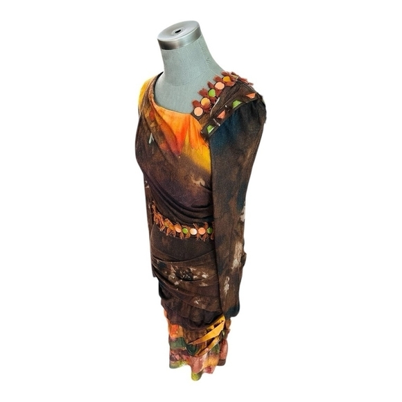 Maria Grazia Severi Brown Multicolor Midi Dress IT 42 US 6 Long Sleeve - Picture 6 of 9
